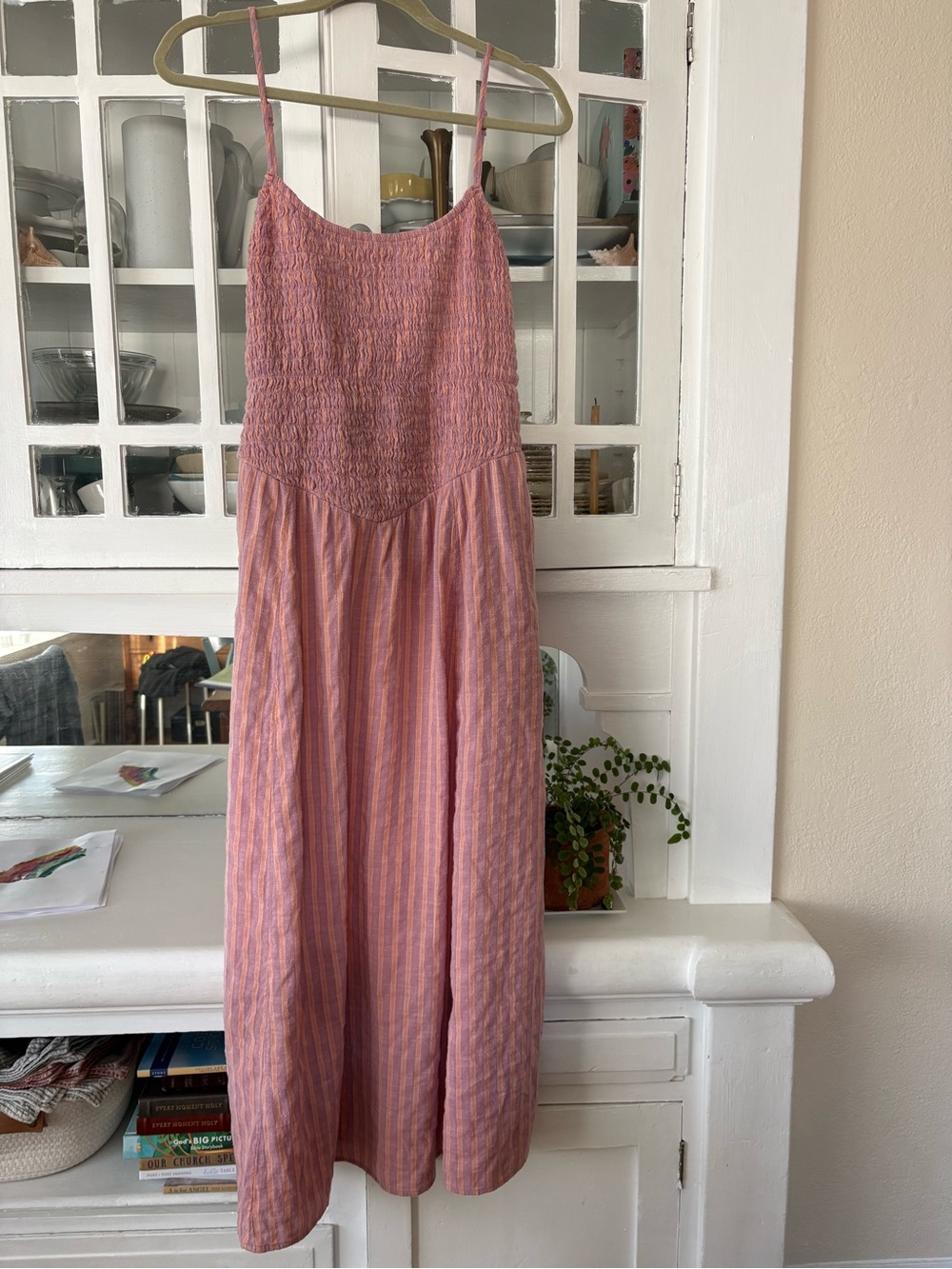 American Eagle Pink and Peach Striped Smocked Bodice Midi Dress - Picture 1 of 8